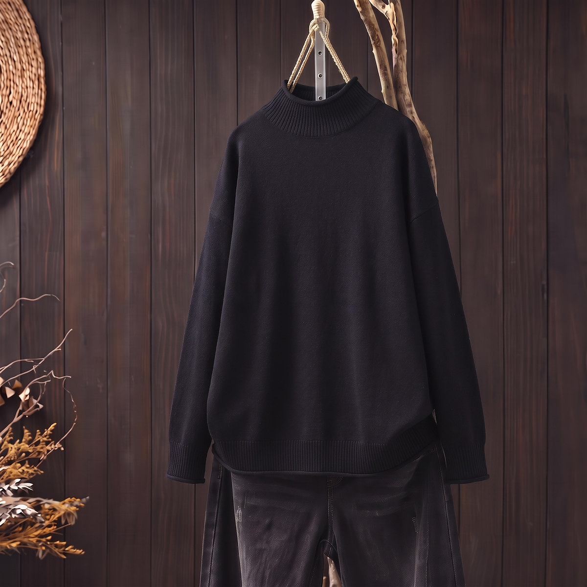 Soft knit turtleneck jumper in black, front view
