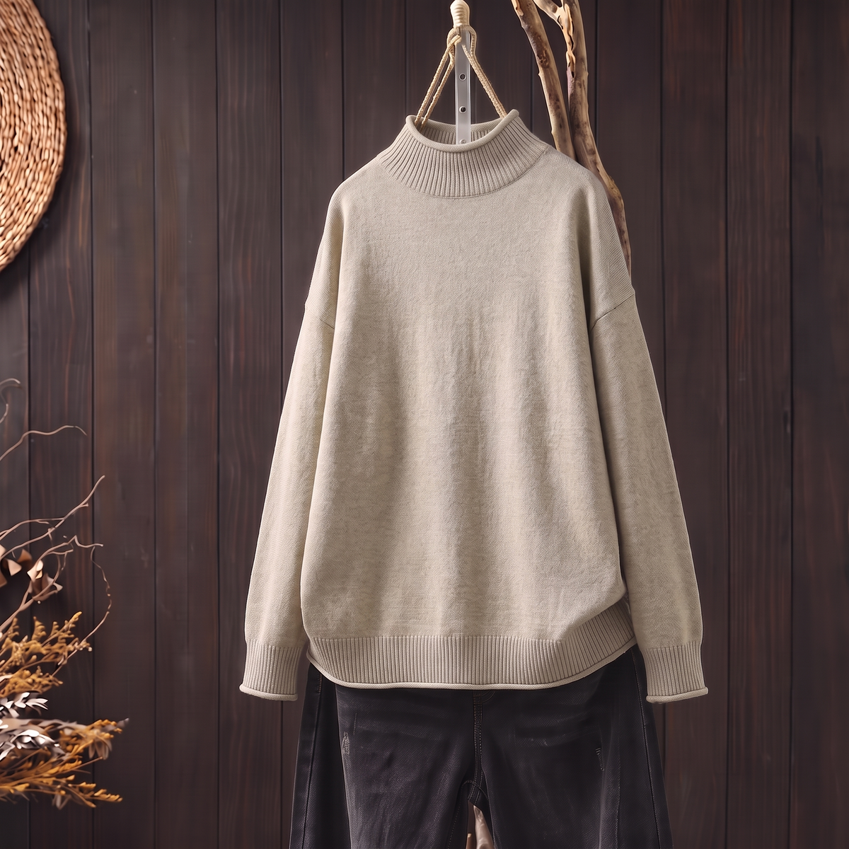 Soft knit turtleneck jumper in khaki, front view