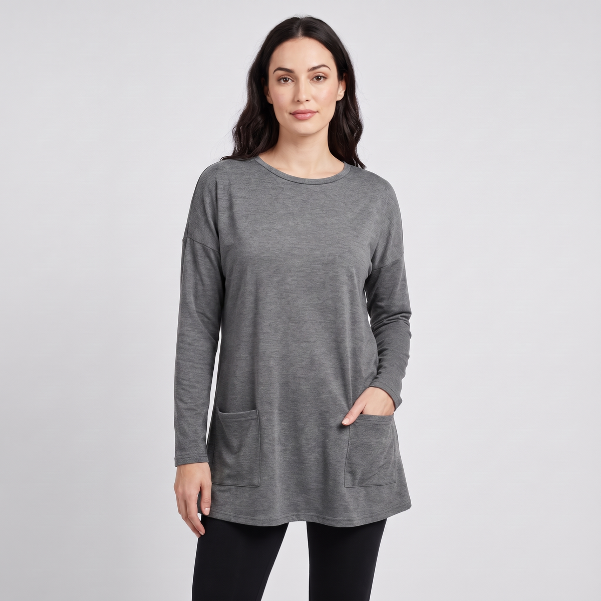 Oversized tunic sweater with pockets in grey, front view