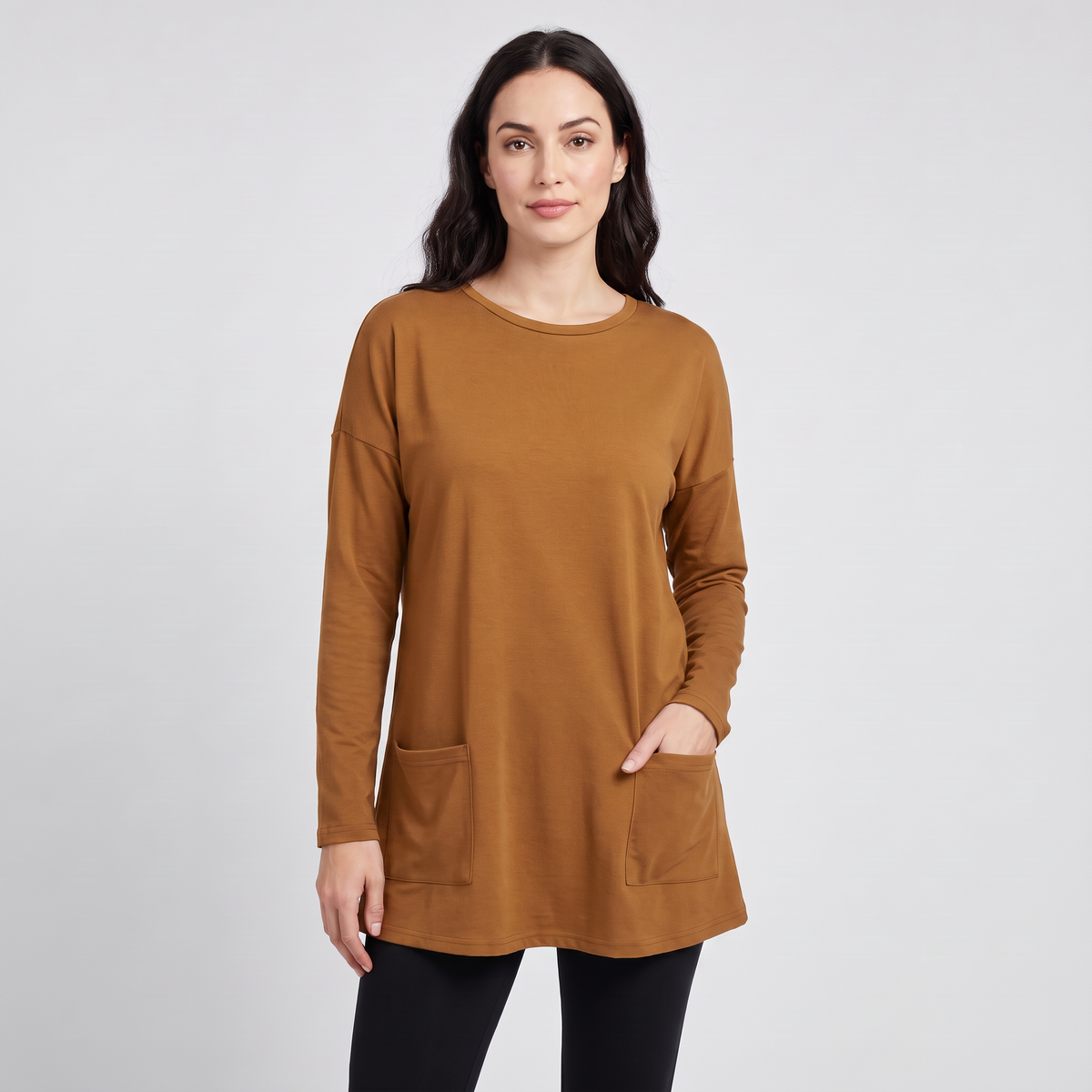 Oversized tunic sweater with pockets in brown, front view