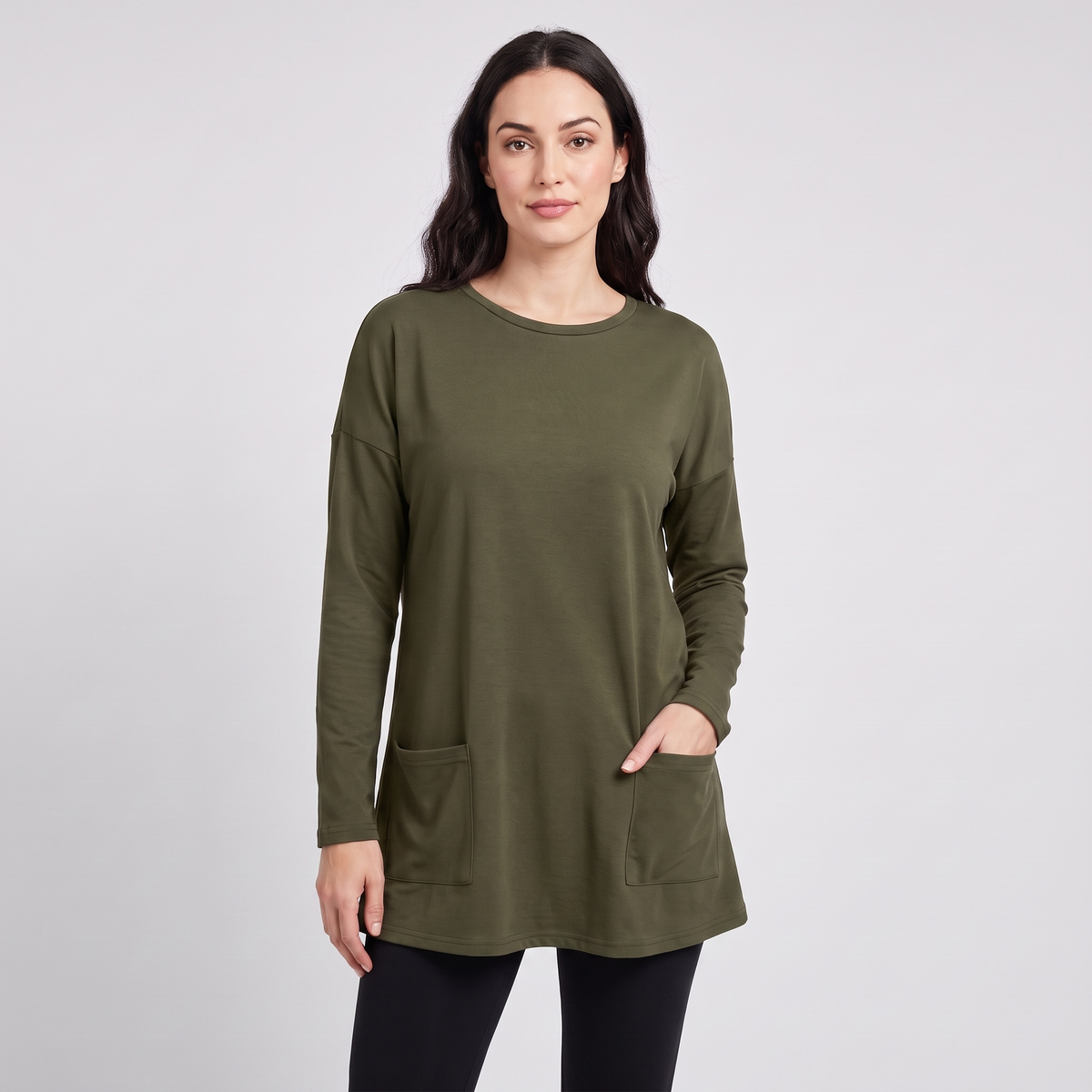 Oversized tunic sweater with pockets in olive green, front view