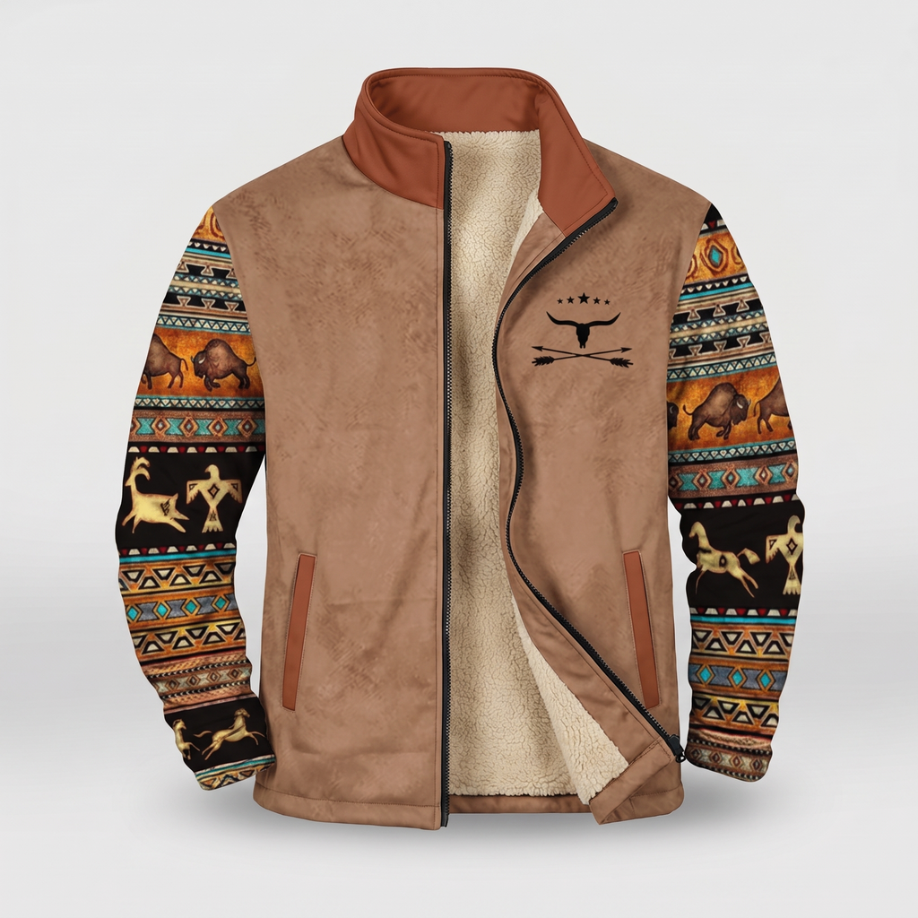 Sherpa-lined western print jacket in brown, front view