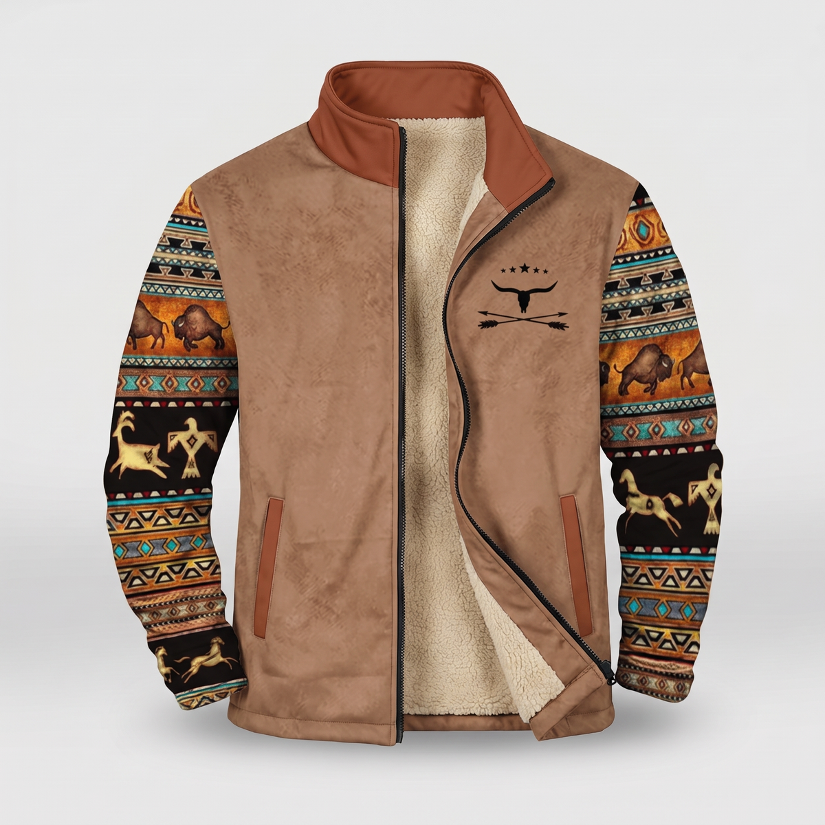 Sherpa-lined western print jacket in brown, front view