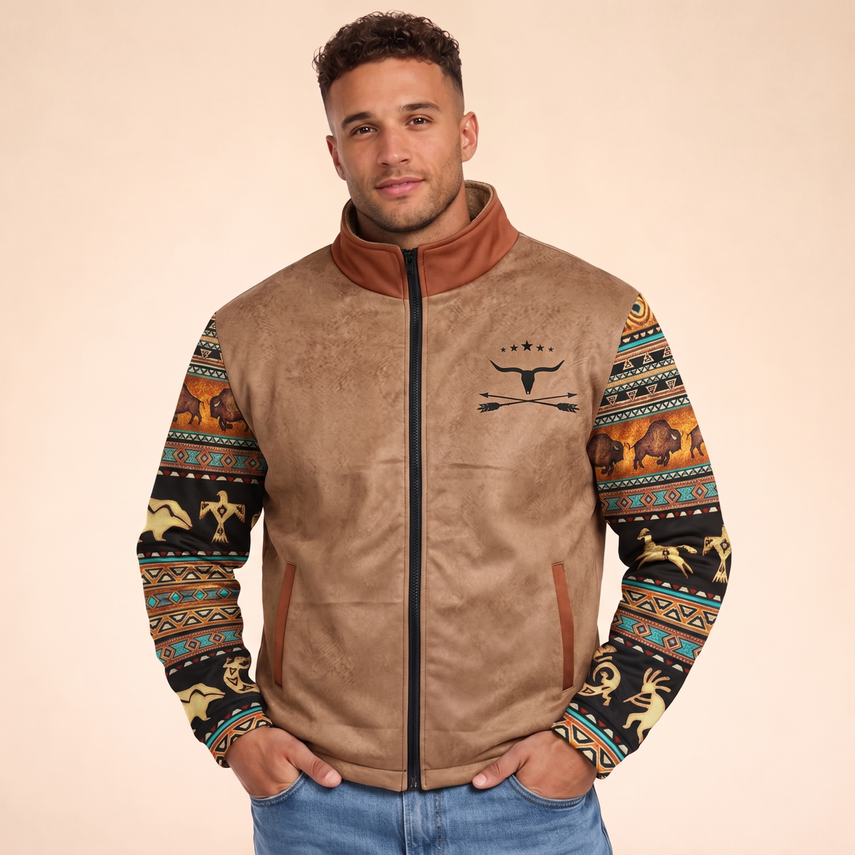 Sherpa-lined western print jacket in brown, worn by model