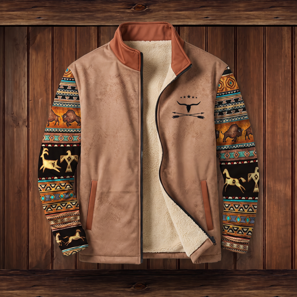 Sherpa-lined western print jacket in brown (Brown Two), on hanger