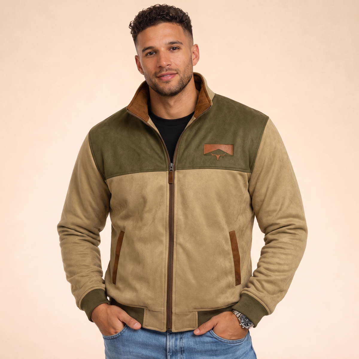 Sherpa-lined jacket in brown, worn by model