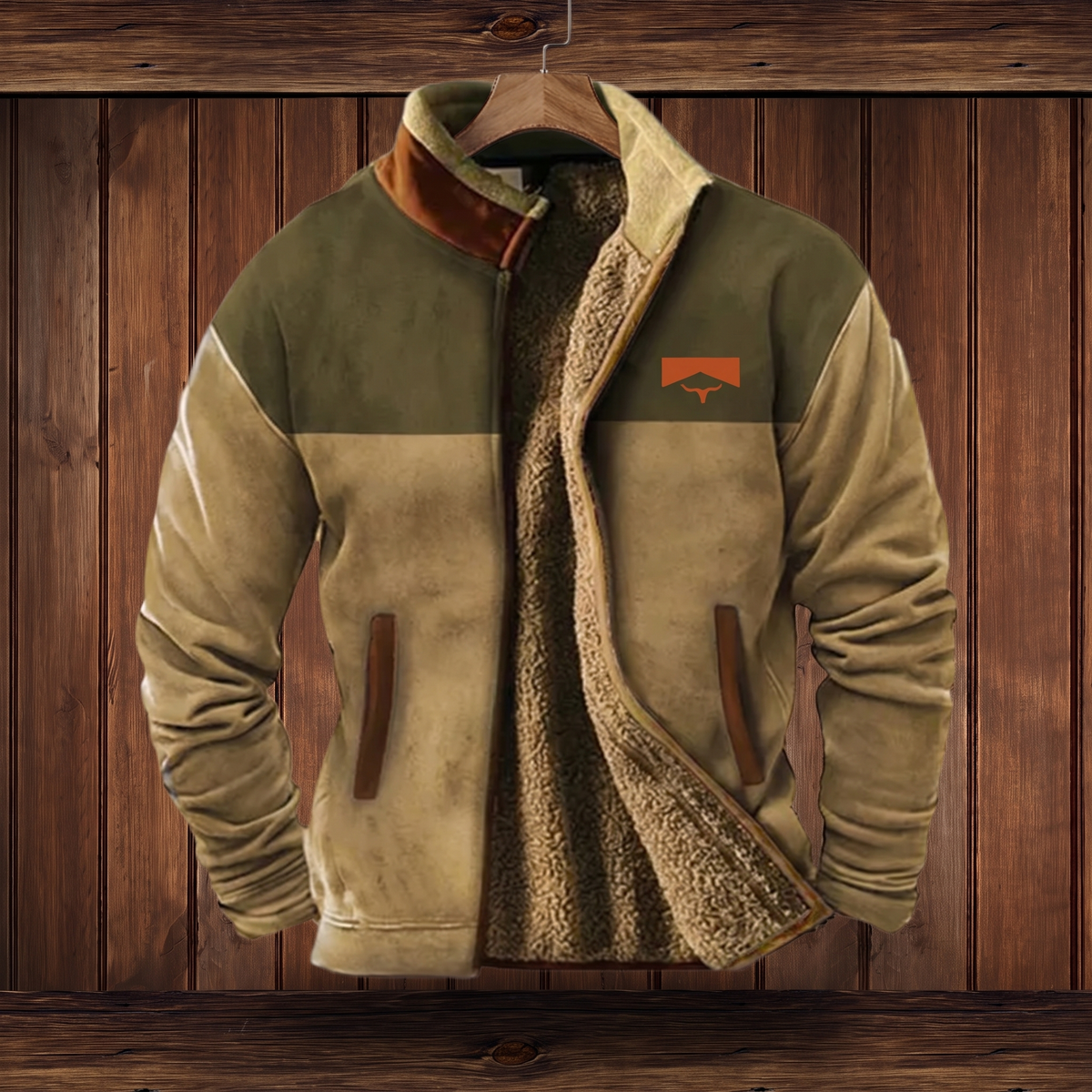 Sherpa-lined jacket in brown, on hanger (smooth outer)