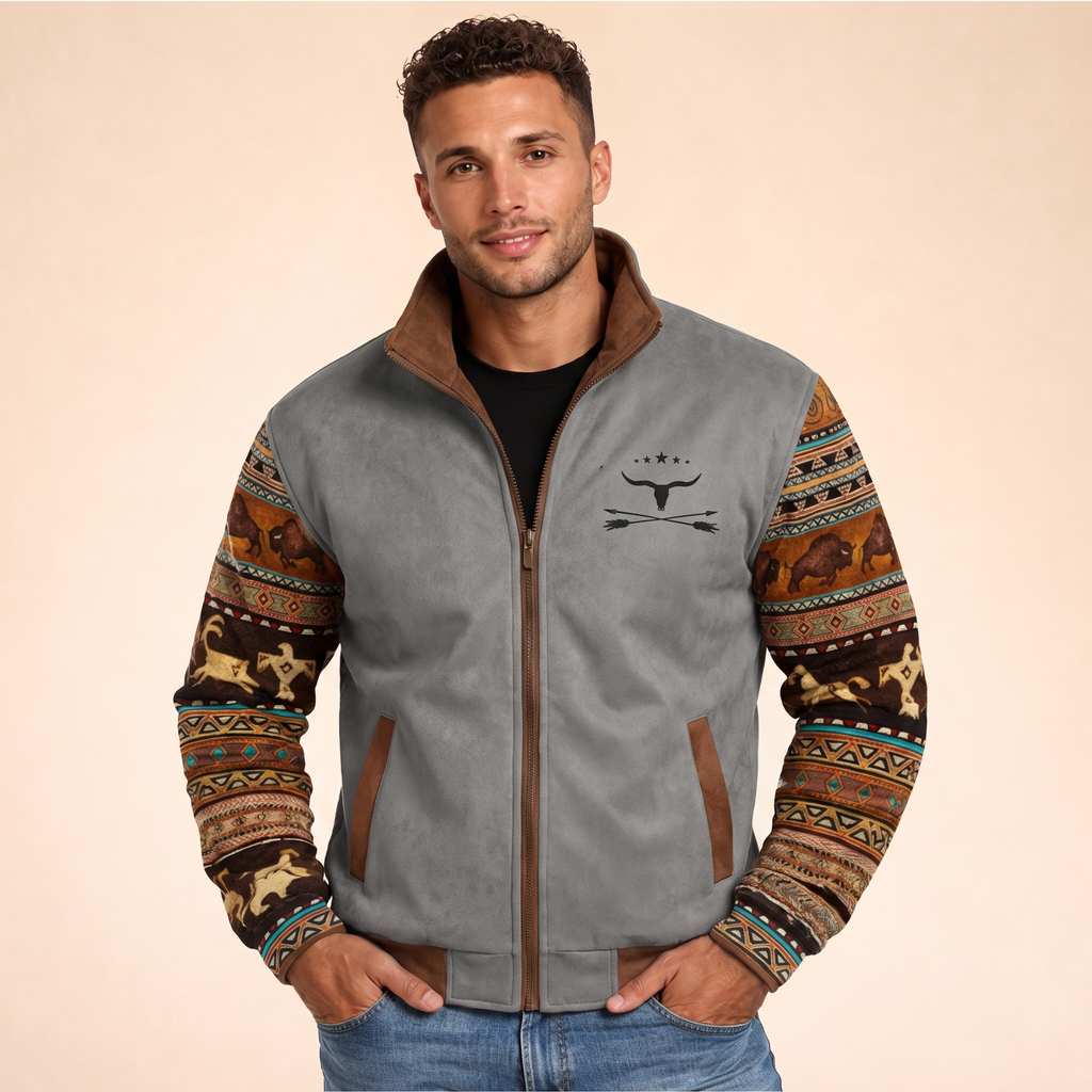 Sherpa-lined jacket in grey, worn by model