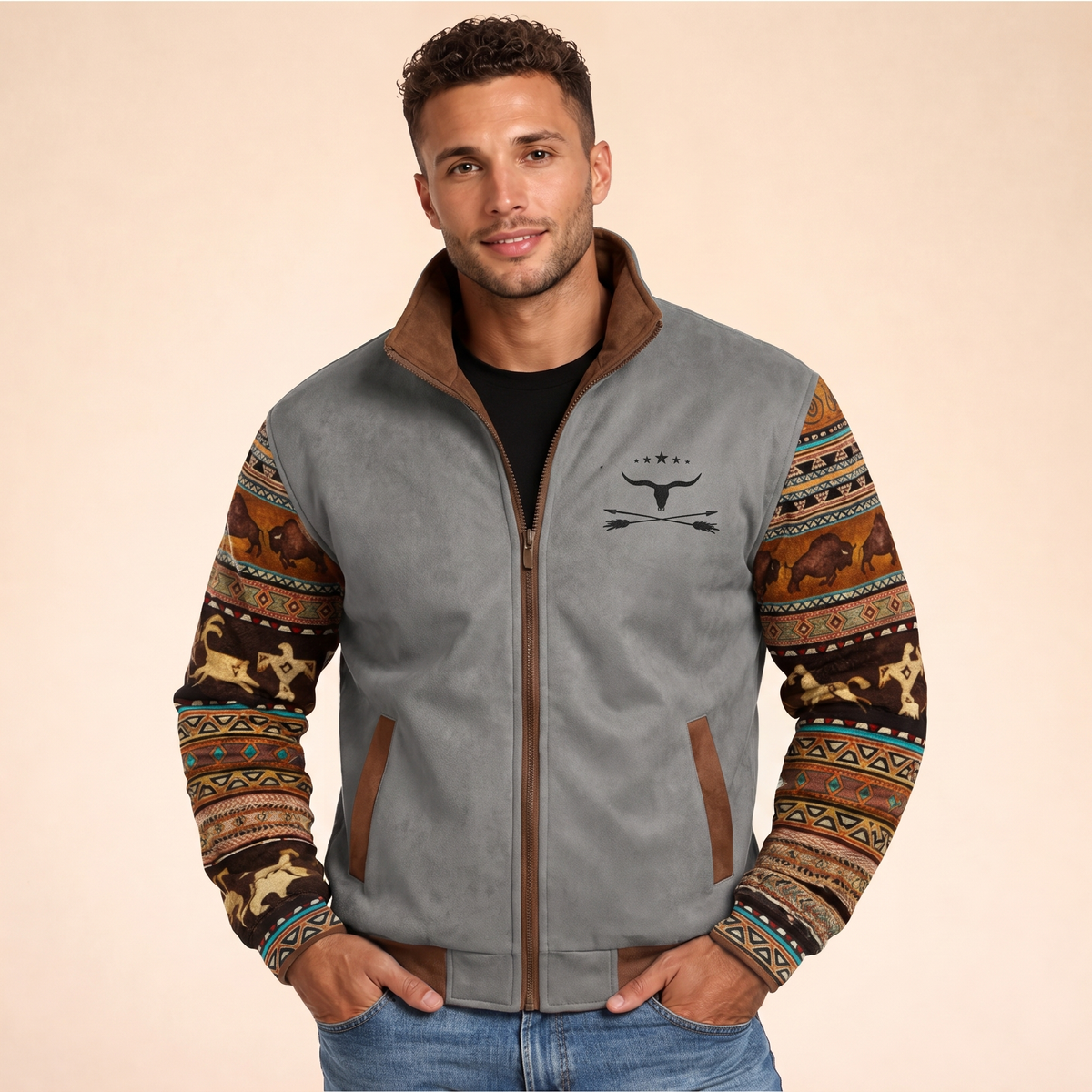 Sherpa-lined jacket in grey, worn by model