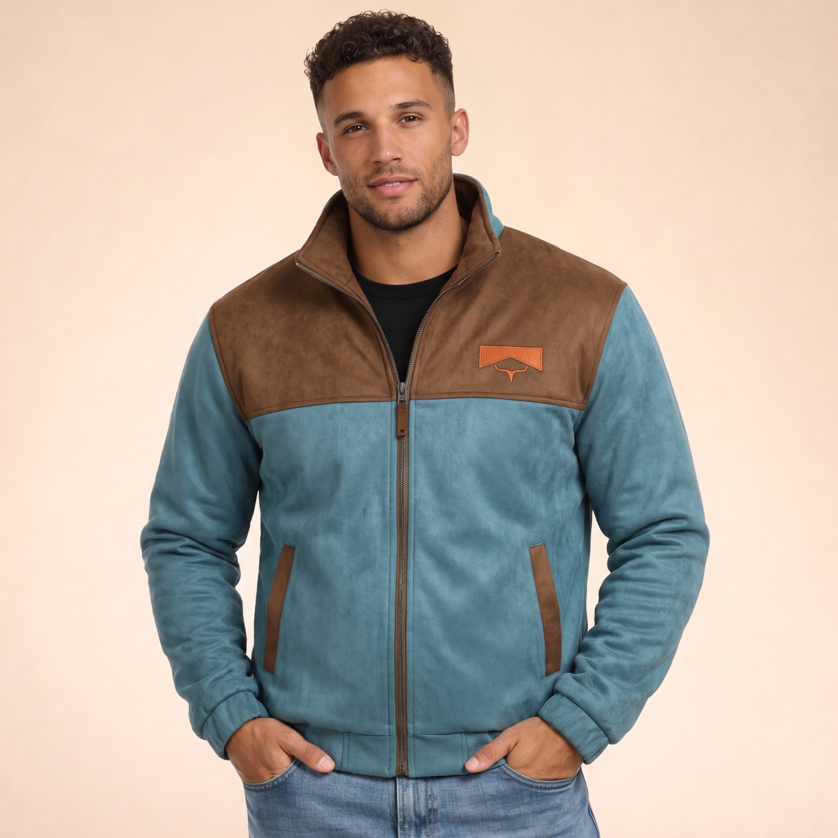 Sherpa-lined jacket in blue, worn by model