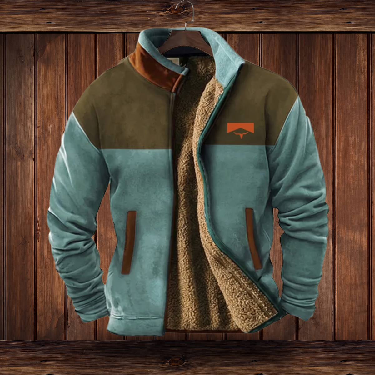 Sherpa-lined jacket in blue, on hanger (smooth outer)