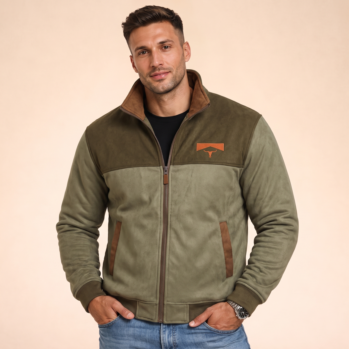 Sherpa-lined jacket in green, worn by model