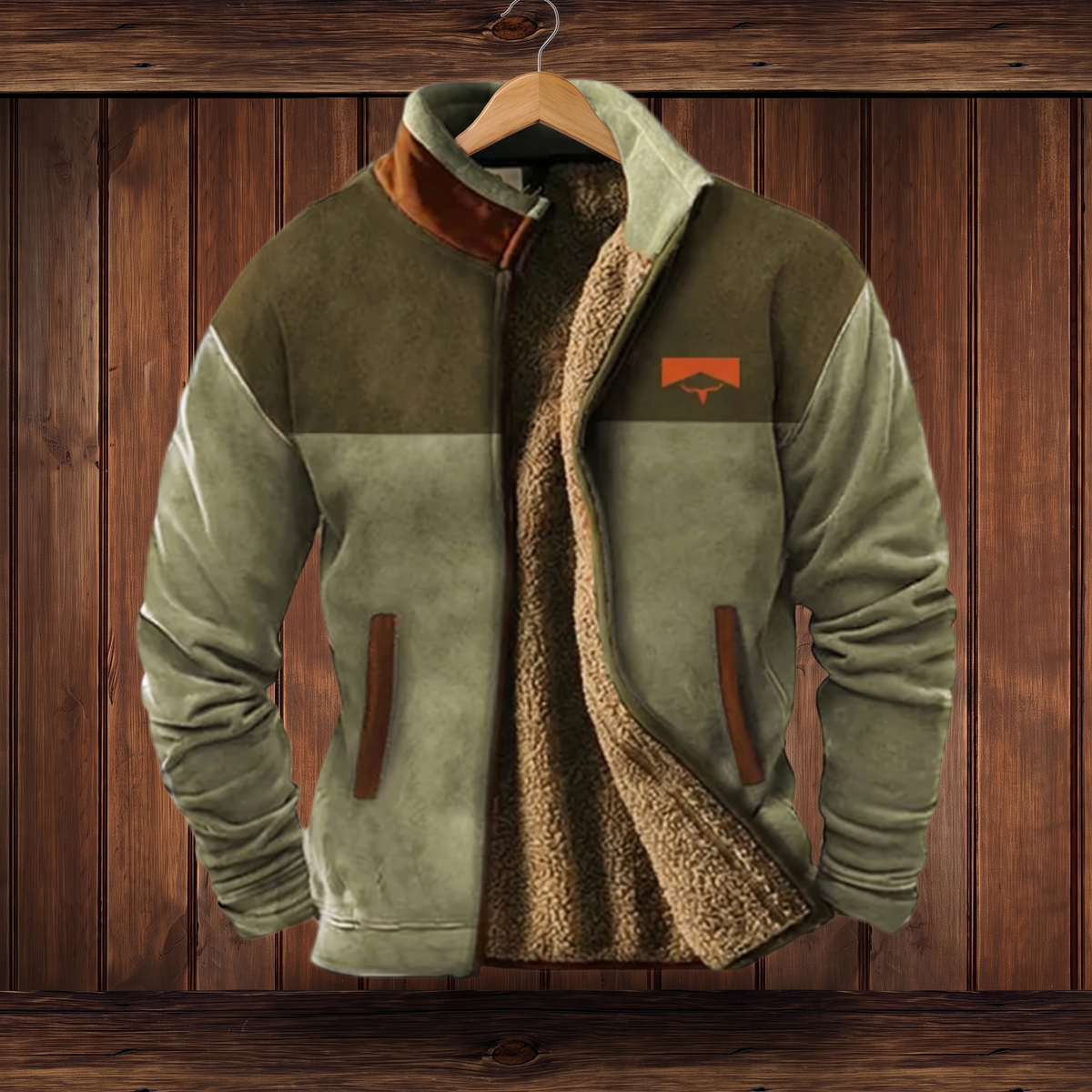 Sherpa-lined jacket in green, on hanger (smooth outer)