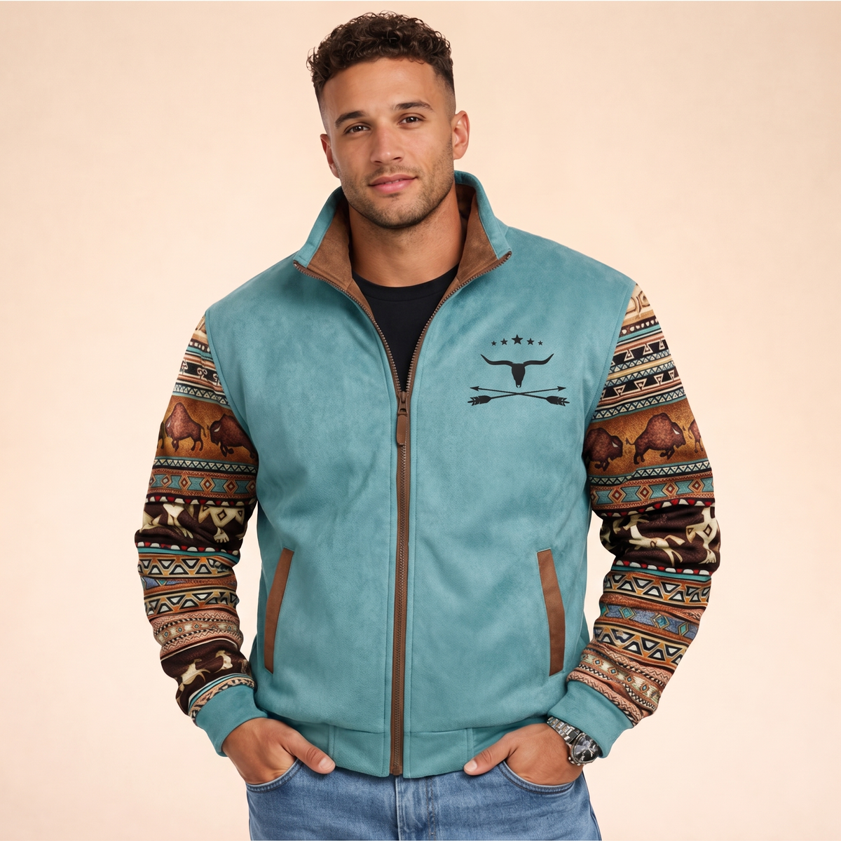 Sherpa-lined jacket in Blue Two, worn by model