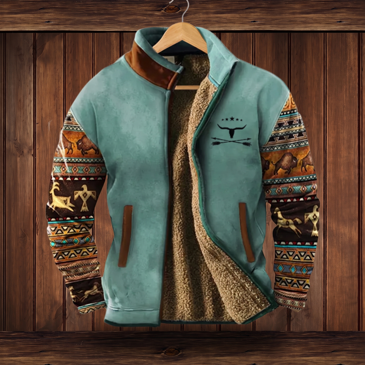 Sherpa-lined jacket in Blue Two, on hanger (smooth outer)