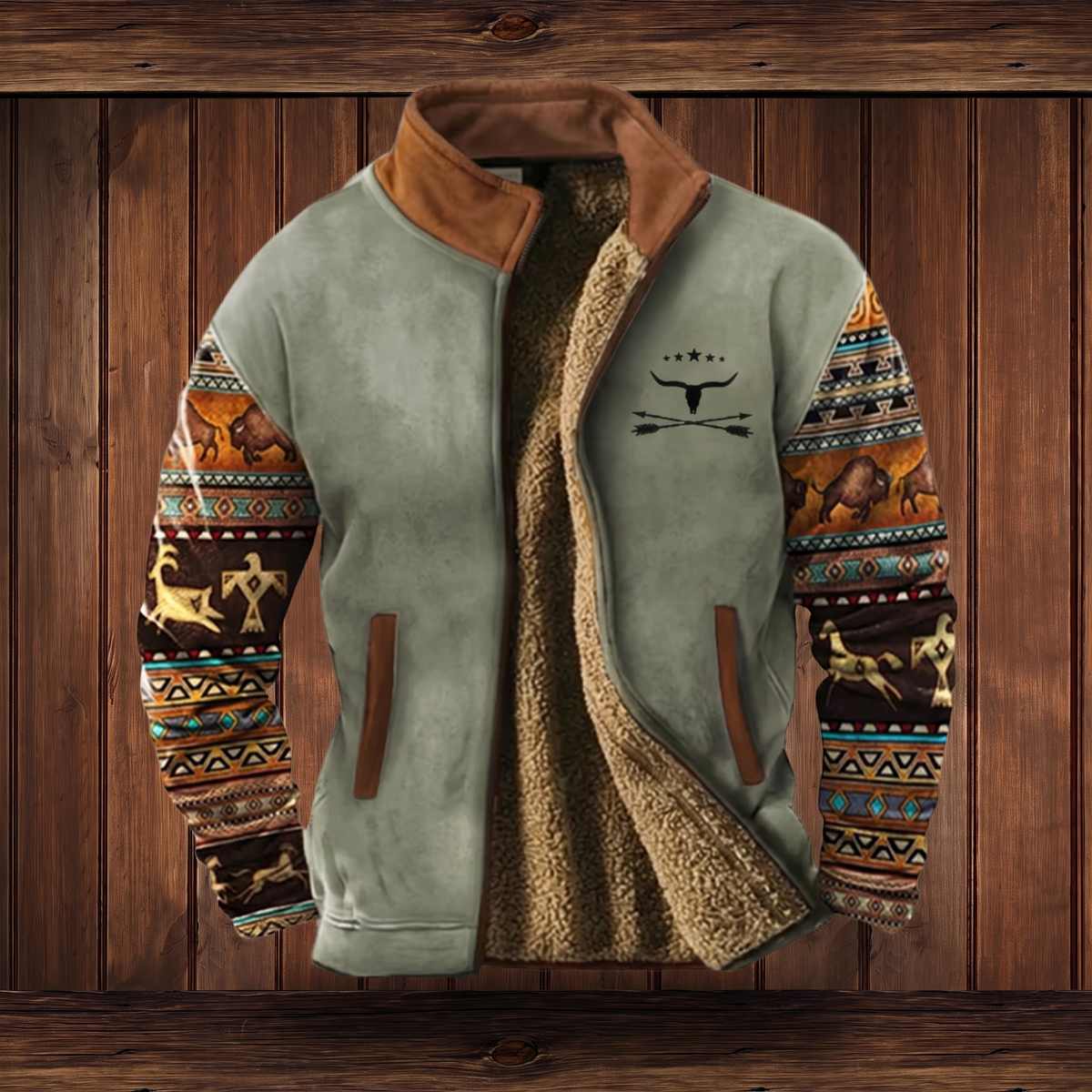 Sherpa-lined jacket in grey, on hanger (smooth outer)