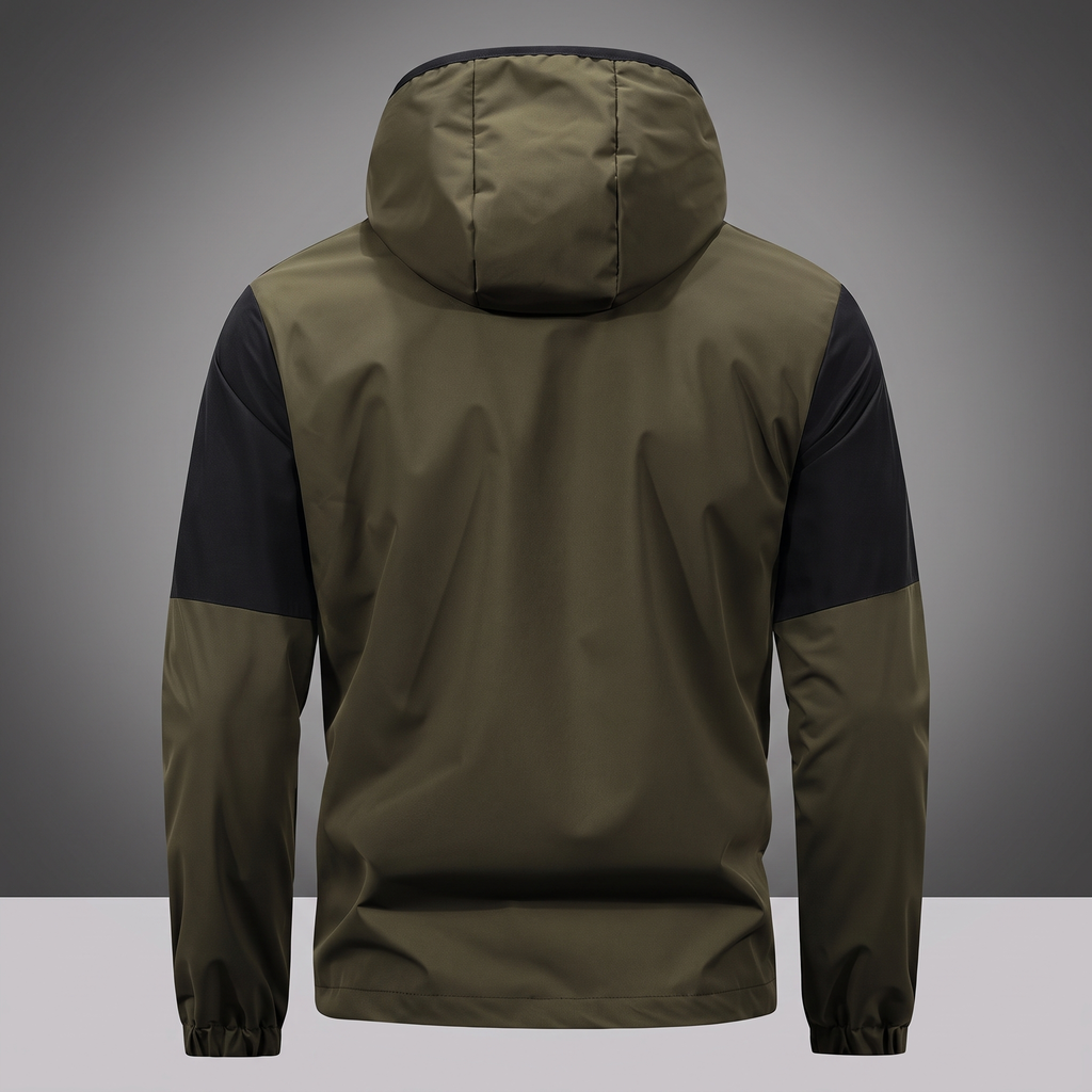 Waterproof hooded rain jacket in army green, back view
