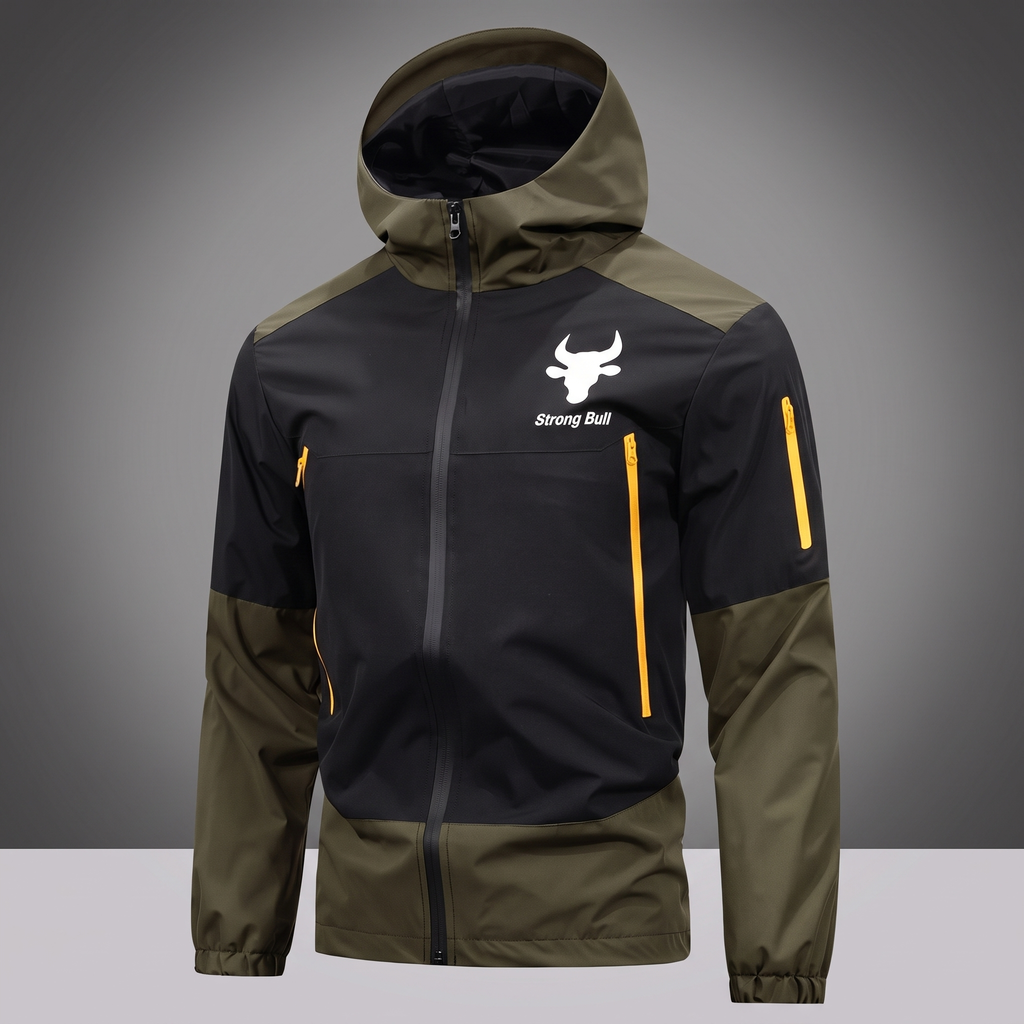 Waterproof hooded rain jacket in army green, front view