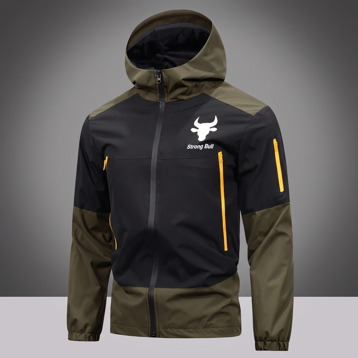 Waterproof hooded rain jacket in army green, front view