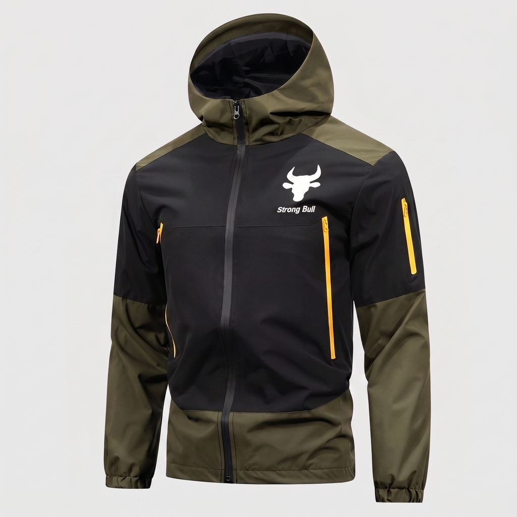 Waterproof hooded rain jacket in army green, front view
