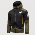 Waterproof hooded rain jacket in army green, front view
