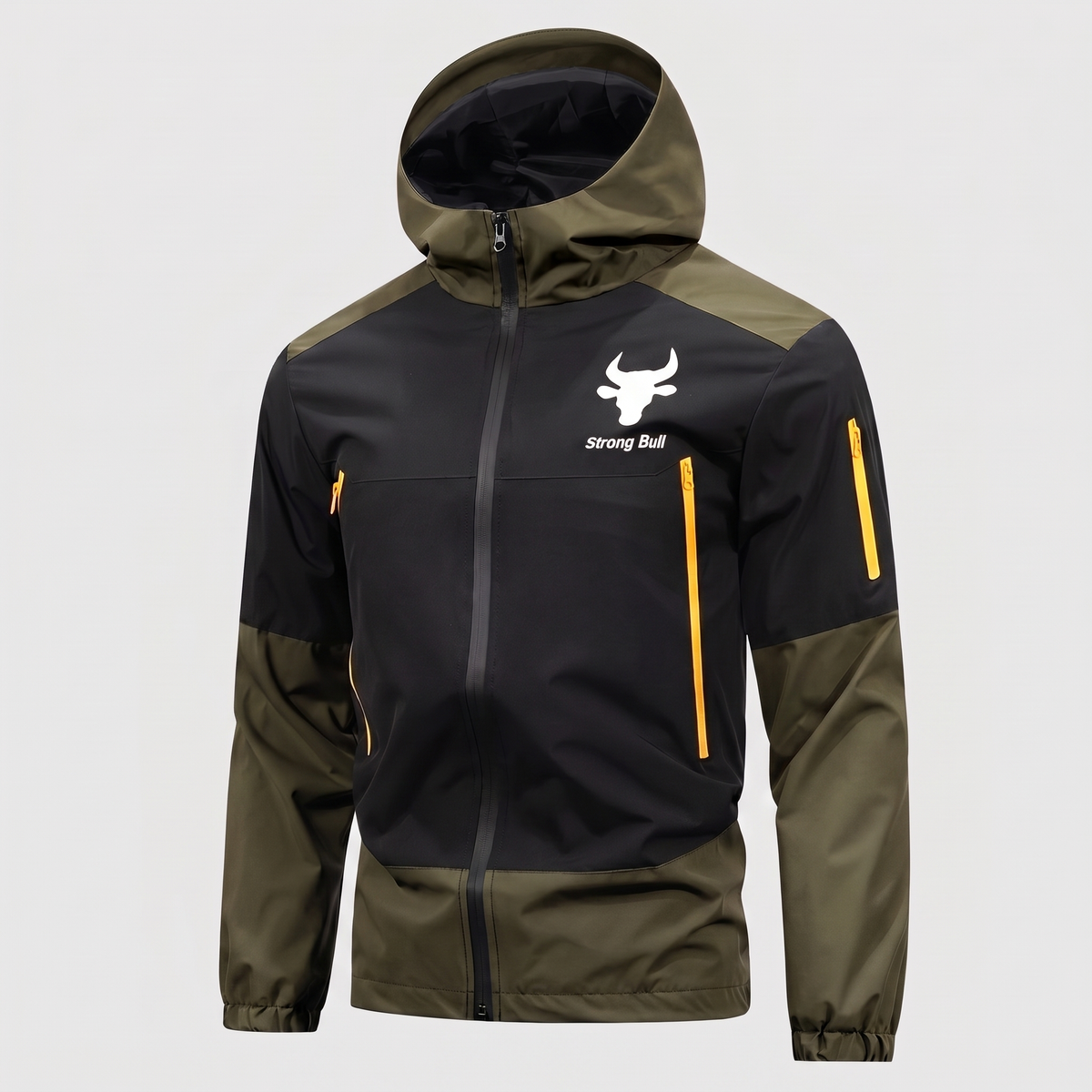 Waterproof hooded rain jacket in army green, front view
