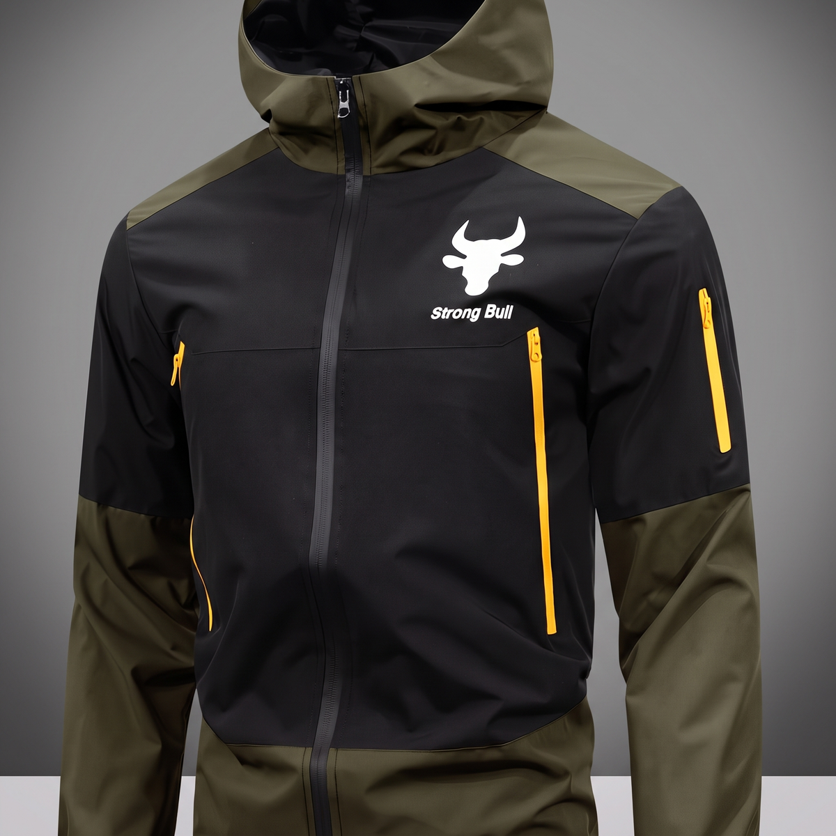 Waterproof hooded rain jacket in army green, close-up