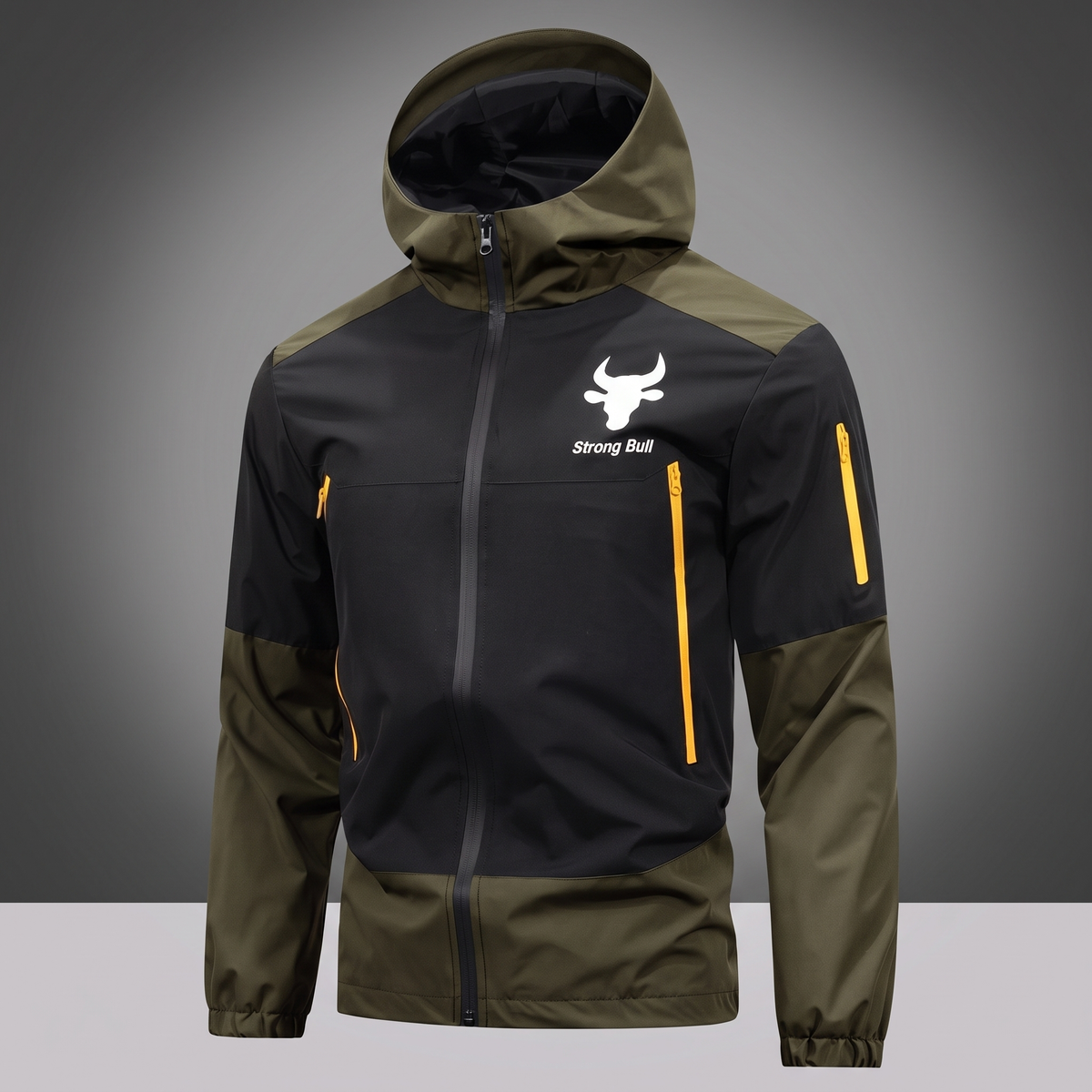 Waterproof hooded rain jacket in army green