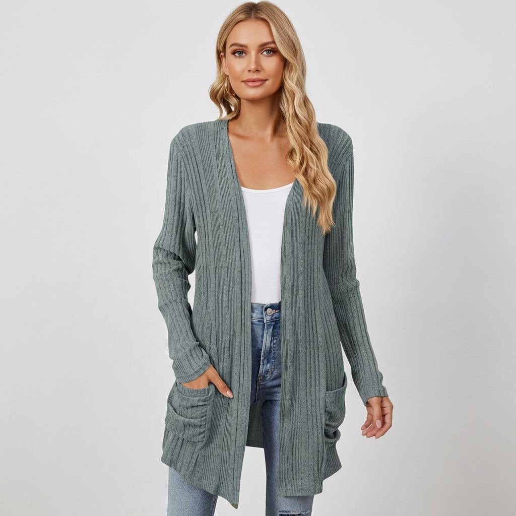 Longline Ribbed Cardigan Open Front Pockets in beige, studio photo