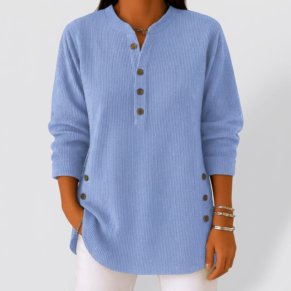 Ribbed Tunic Top Henley Neckline Side Buttons in blue, studio photo