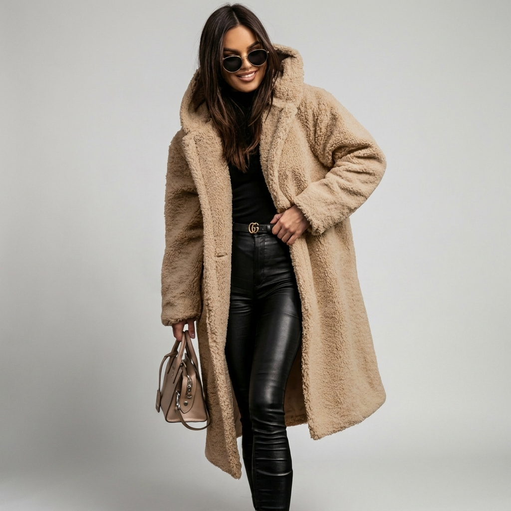 Wool-Look Coat Elegant Warm Cosy in beige, studio photo