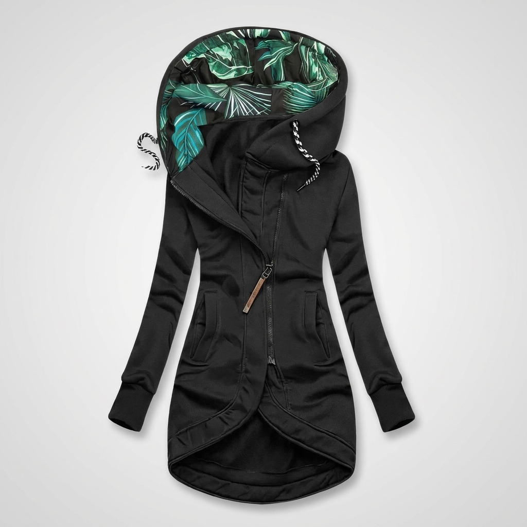 Waterproof Jacket Hooded Asymmetric Zip in black, studio photo