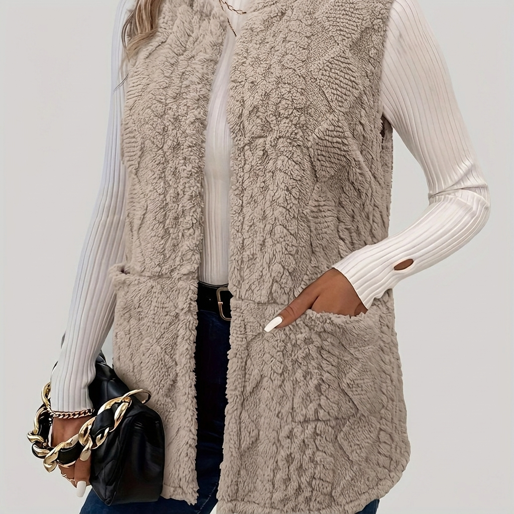 Longline Sleeveless Vest Textured Open Front in khaki, studio photo