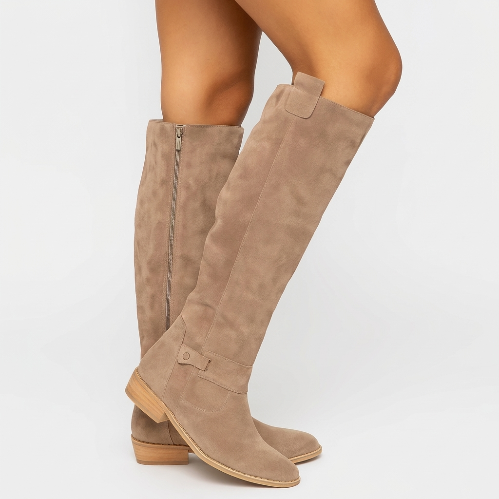 Knee High Boots Suede-Look Block Heel in beige, studio photo