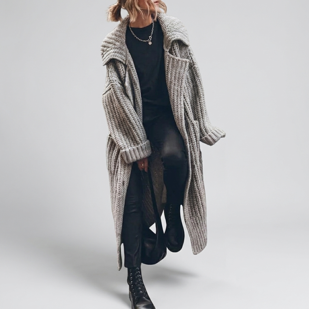 Chunky Knit Cardigan Lapel Longline Oversized in grey, studio photo
