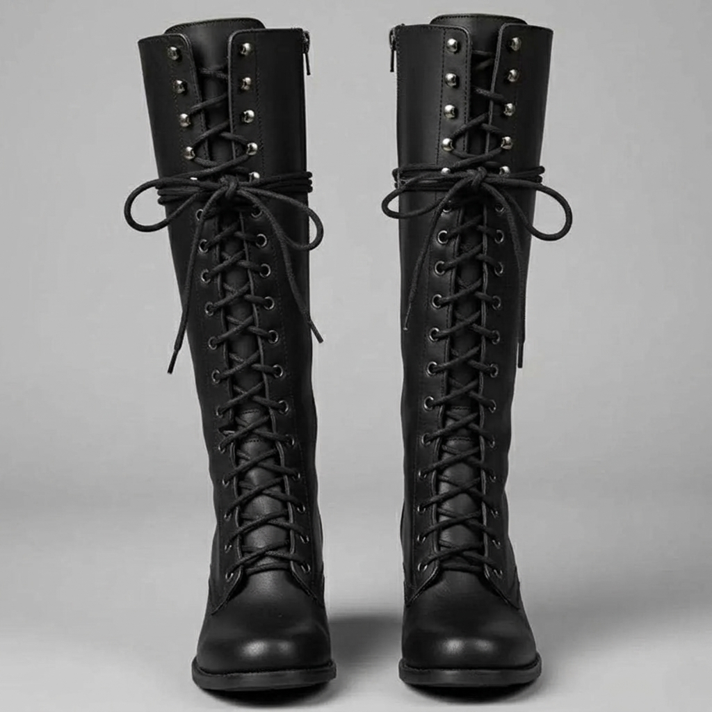 Lace-Up Knee-High Boots Studded Block Heel in black, studio photo