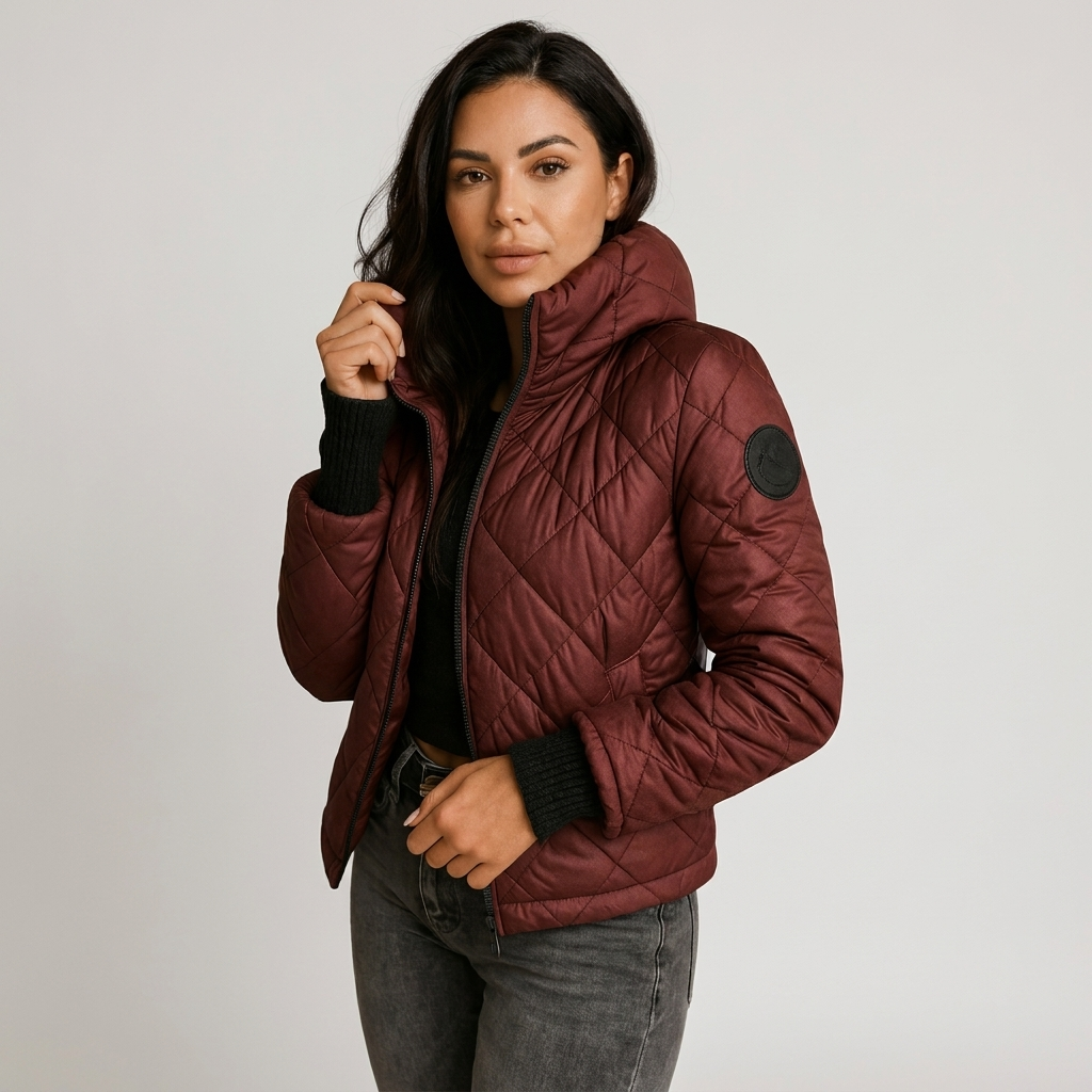Quilted Winter Coat High Collar in red pink, studio photo