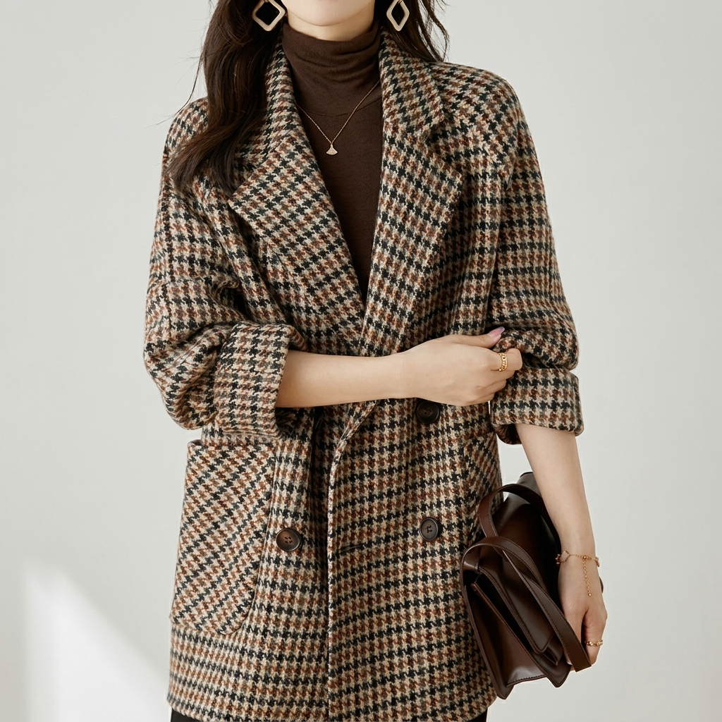 Houndstooth Blazer Coat Oversized Double-Breasted in brown, studio photo