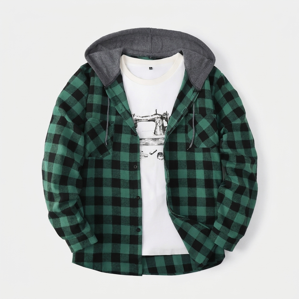 Plaid hooded shirt in green, studio photo