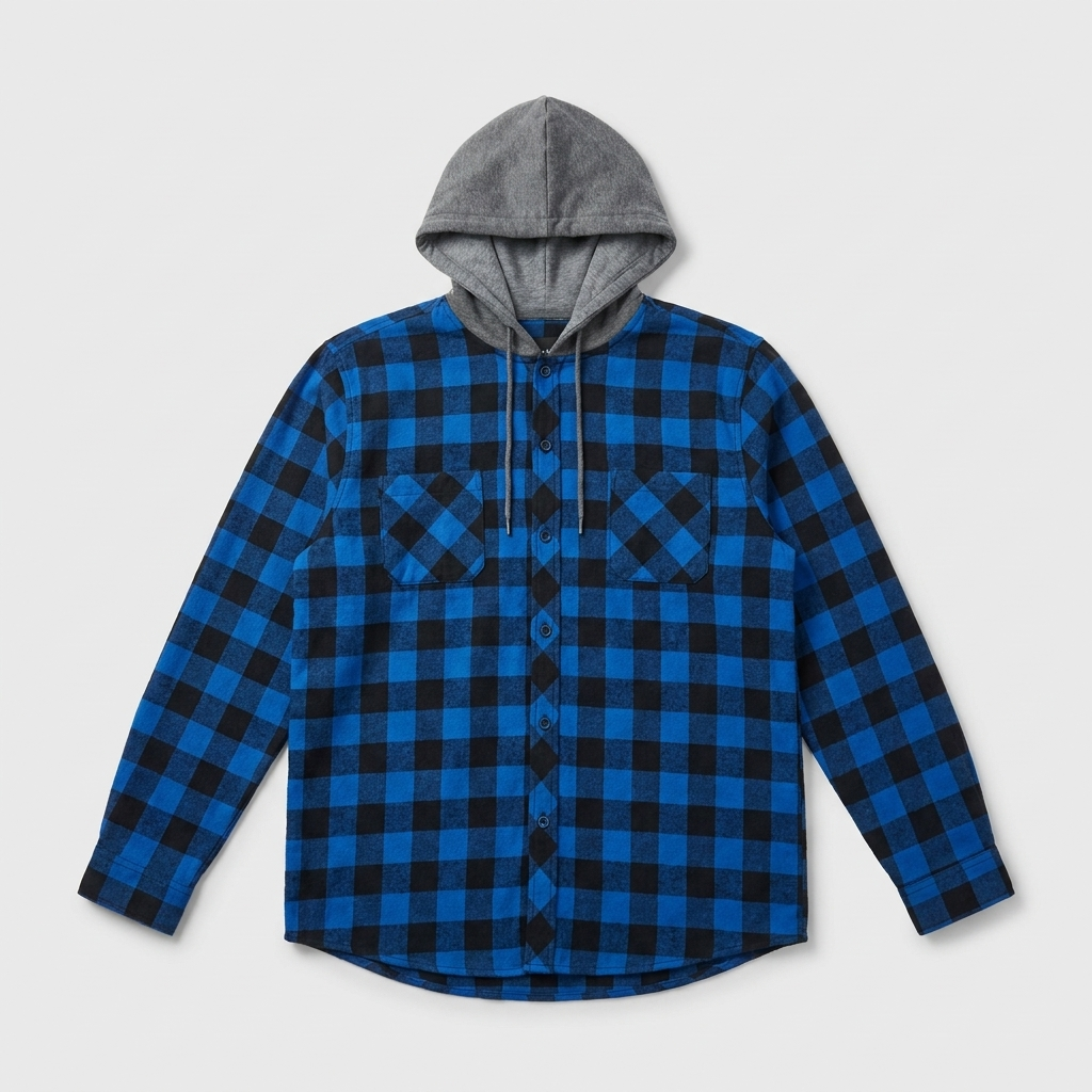 Plaid hooded shirt in blue, studio photo
