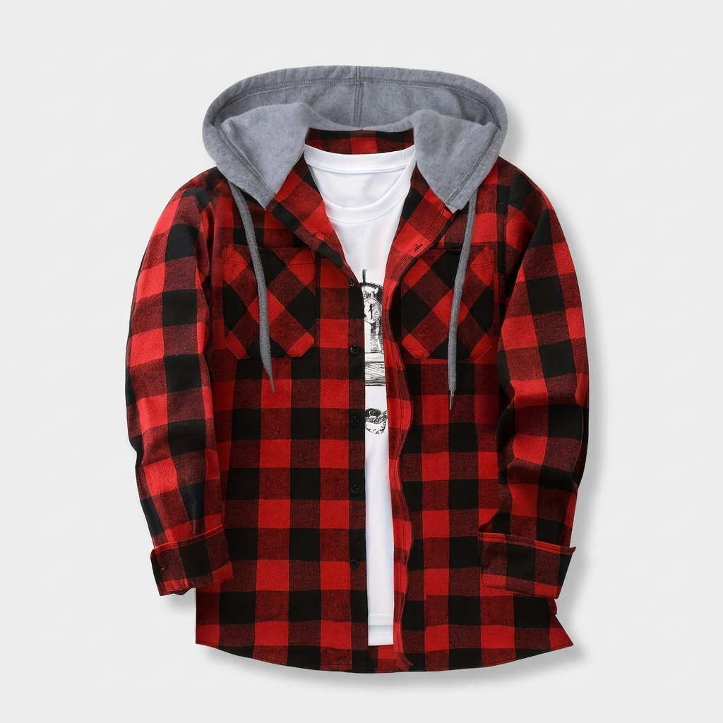 Plaid hooded shirt in red, studio photo