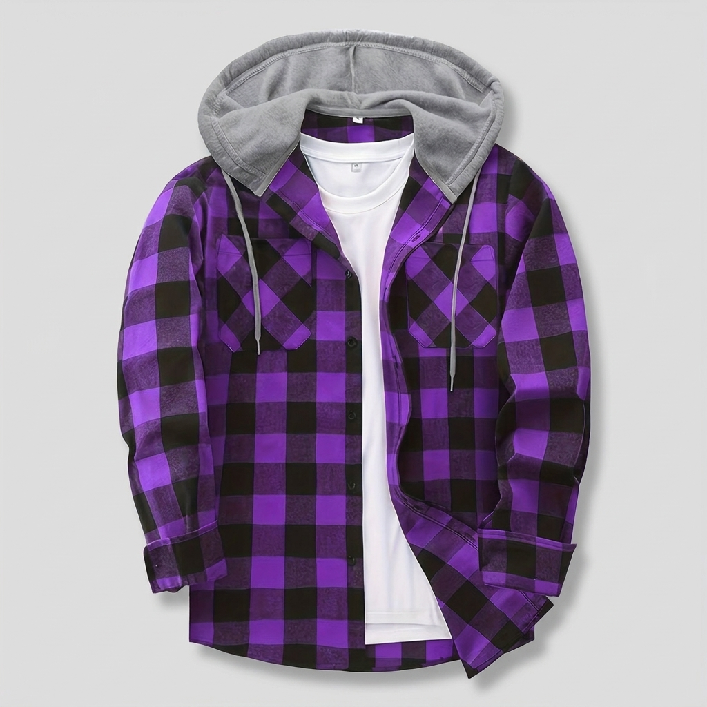 Plaid hooded shirt in purple, studio photo
