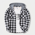 Plaid hooded shirt in black, studio photo