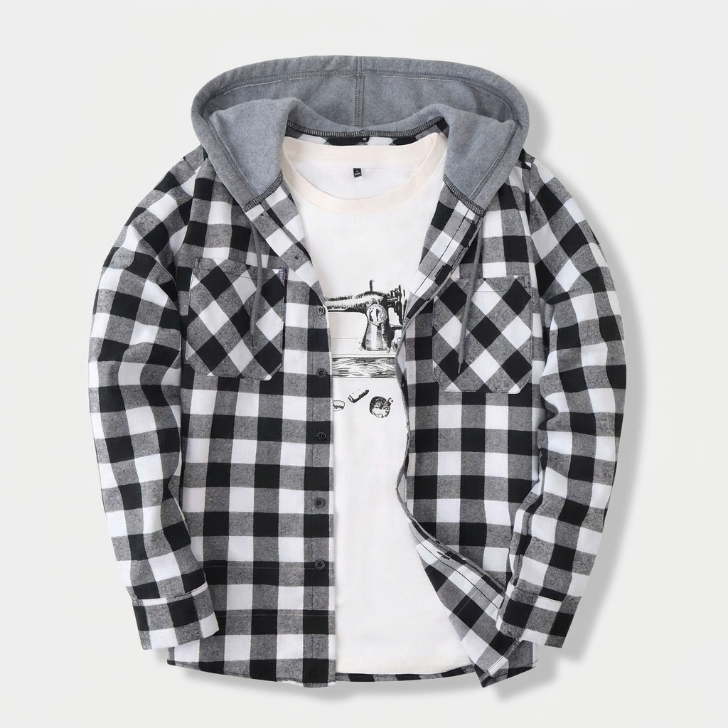 Plaid hooded shirt in black, studio photo