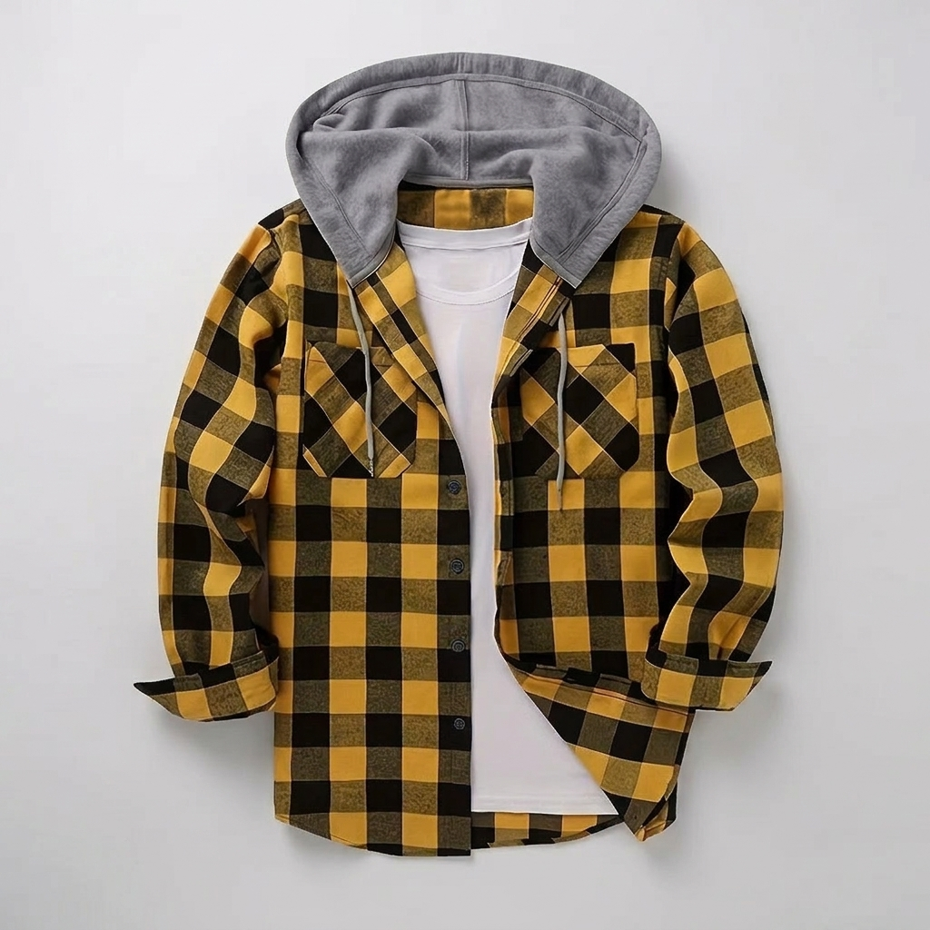 Plaid hooded shirt in orange, studio photo