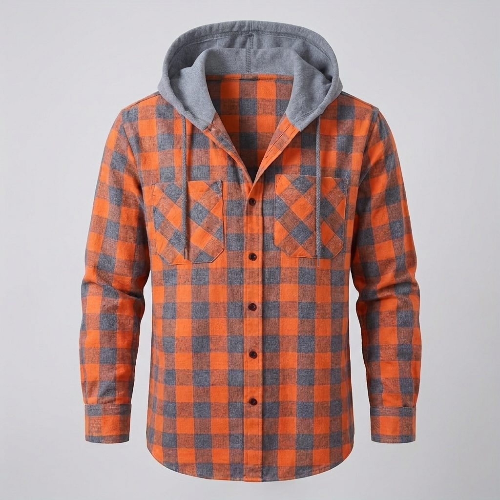 Plaid hooded shirt in yellow, studio photo