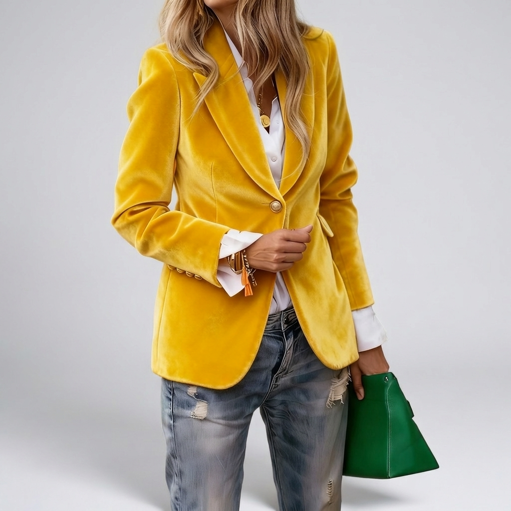 Velvet blazer with gold buttons in yellow, studio photo