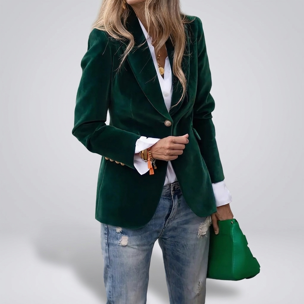 Velvet blazer with gold buttons in green, studio photo