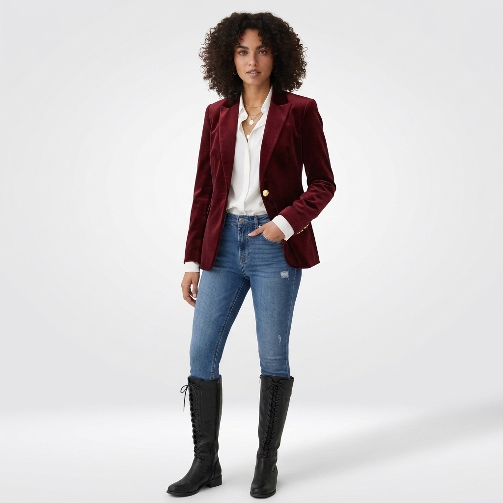 Red velvet blazer with gold buttons, worn by model