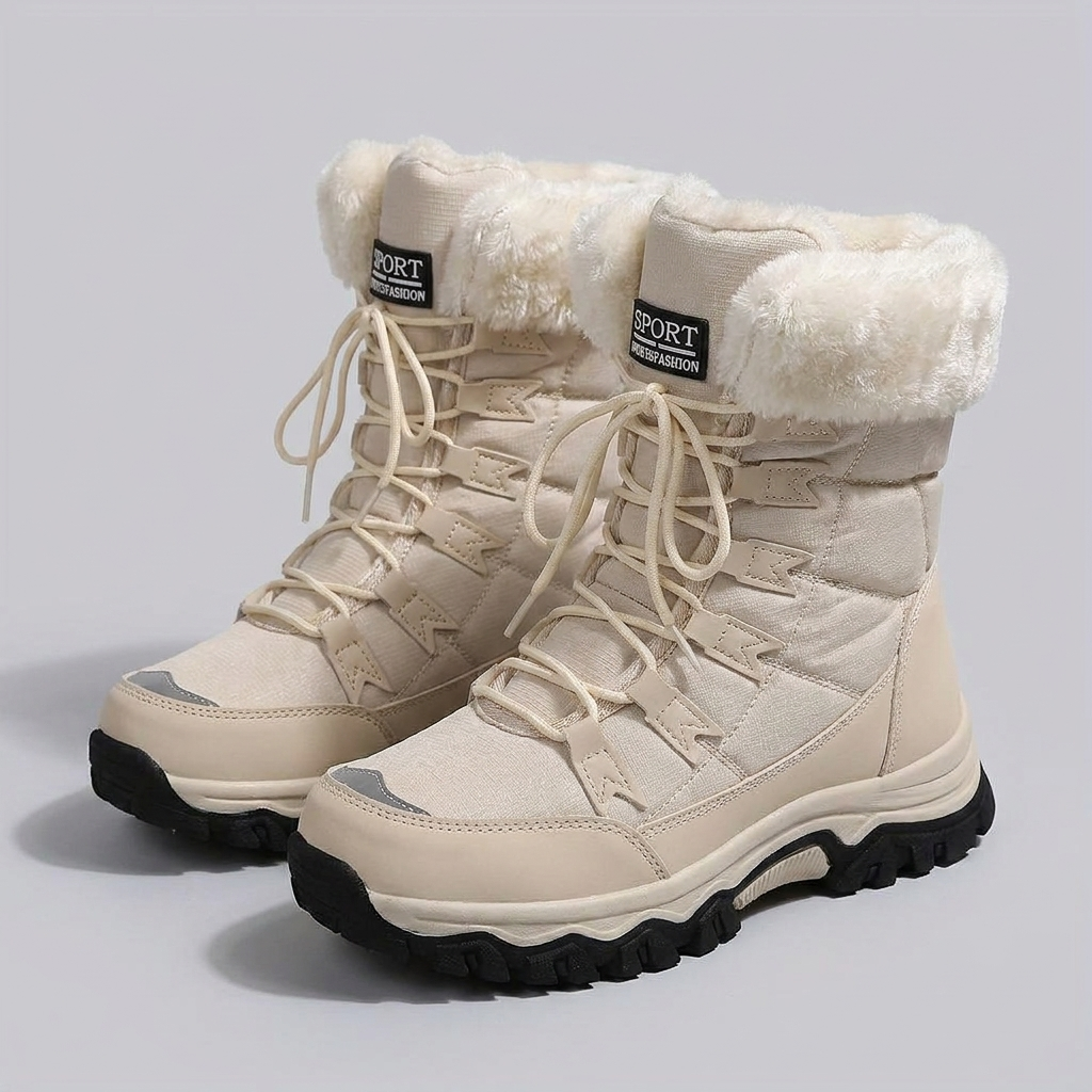 Faux Fur Lined Winter Boots Lace Up in beige, studio photo